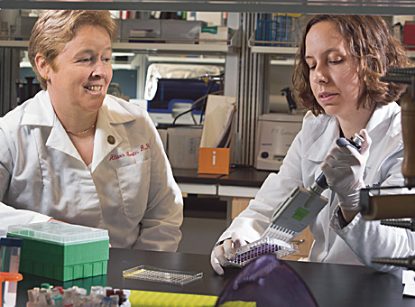 Alison Goate, PhD, left, who studies protein aggregation and neurodegeneration, 