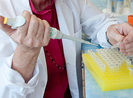 Researcher using pipette in laboratory