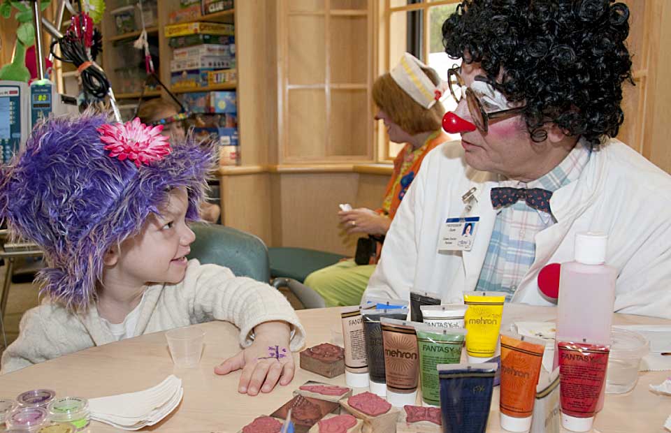 Dana R. Abendschein, PhD, clowns around with patient Brionna Wilson.
