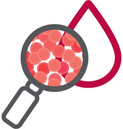 Illustration showing a magnifying glass highlighting the inside of a blood drop.